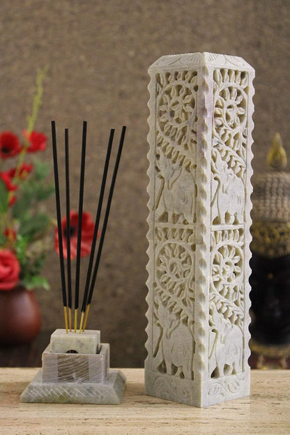 Carry Me Handmade Marble Soapstone Incense Stick Burner | Candle Stick Holder, Tea Light Stand, 3 x 3 x 11 Inches, Decorative Home and Kitchen Decor, Perfect for Gifting