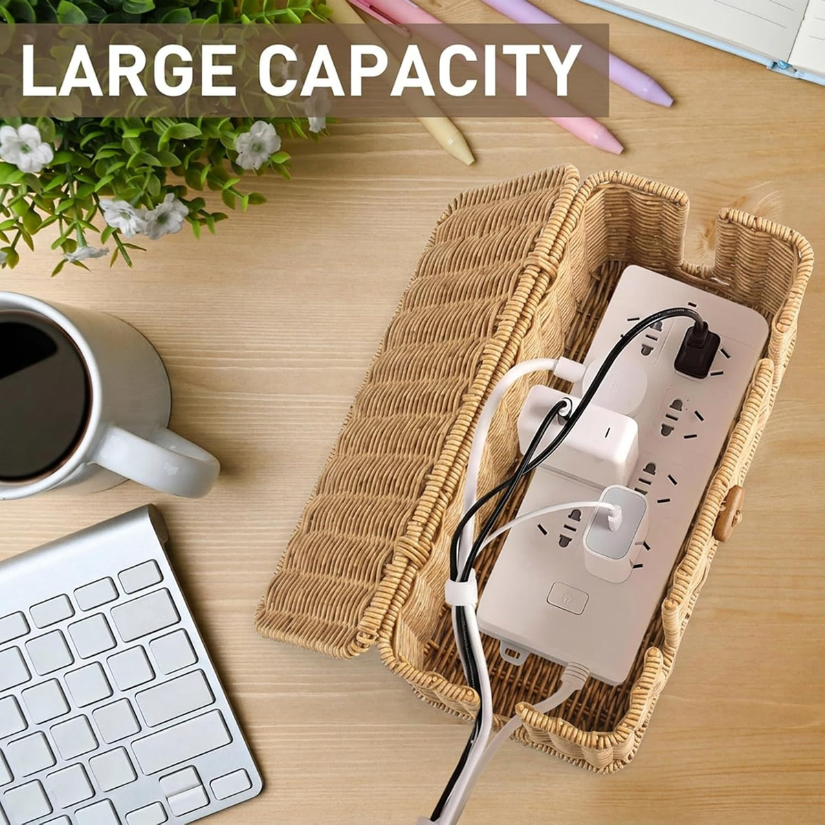 2 Pack Rattan Cable Management Box, Large Cord Organizer Box with Lid Under Desk Router Hider Storage Box with 4 Exits, Wire Box Hider for TV Wires Computer Surge Protector USB Hub Power Strip