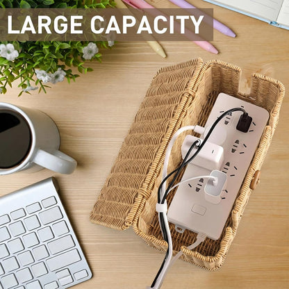 2 Pack Rattan Cable Management Box, Large Cord Organizer Box with Lid Under Desk Router Hider Storage Box with 4 Exits, Wire Box Hider for TV Wires Computer Surge Protector USB Hub Power Strip
