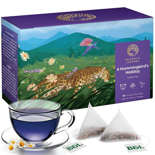 Blooms & Leopard Premium Herbal Tea – A Hummingbird's Holiday Blend with Chamomile, Lavender, Valerian Root, Butterfly Blue Pea Flower, Lemon Peel & Rose Petals – 20 Caffeine-Free Pyramid Tea Bags