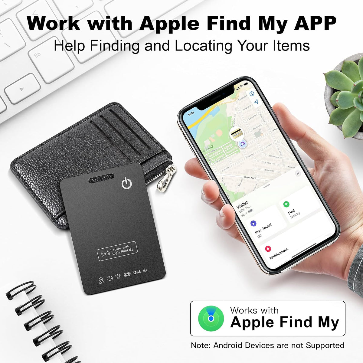 Wallet Tracker Card, Rechargeable, Works with Apple Find My