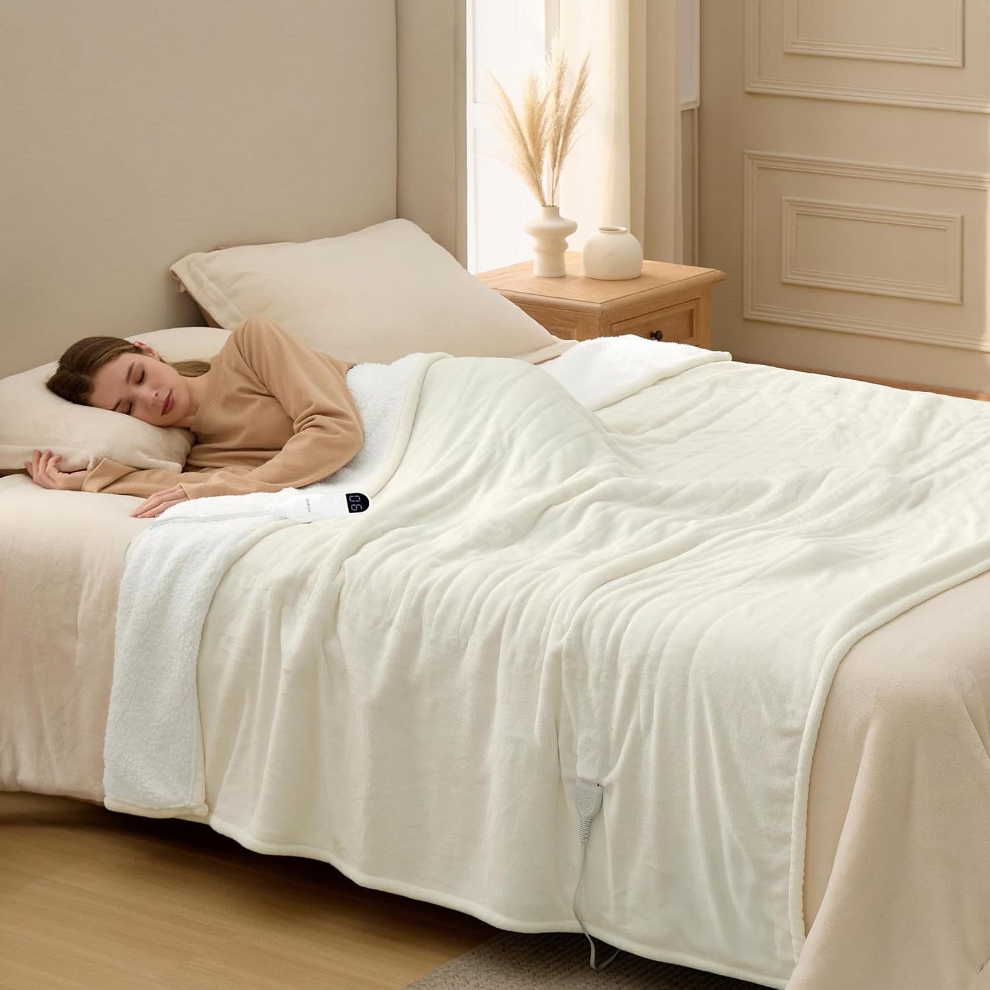 Bedsure Heated Blanket Throw Blanket with Preheat Function - Fast Heating Electric Blanket, Soft Flannel Throw with 6 Time Settings(Up to 10H), 6 Heating Settings, Gifts for Grandma (50"x60", Cream)