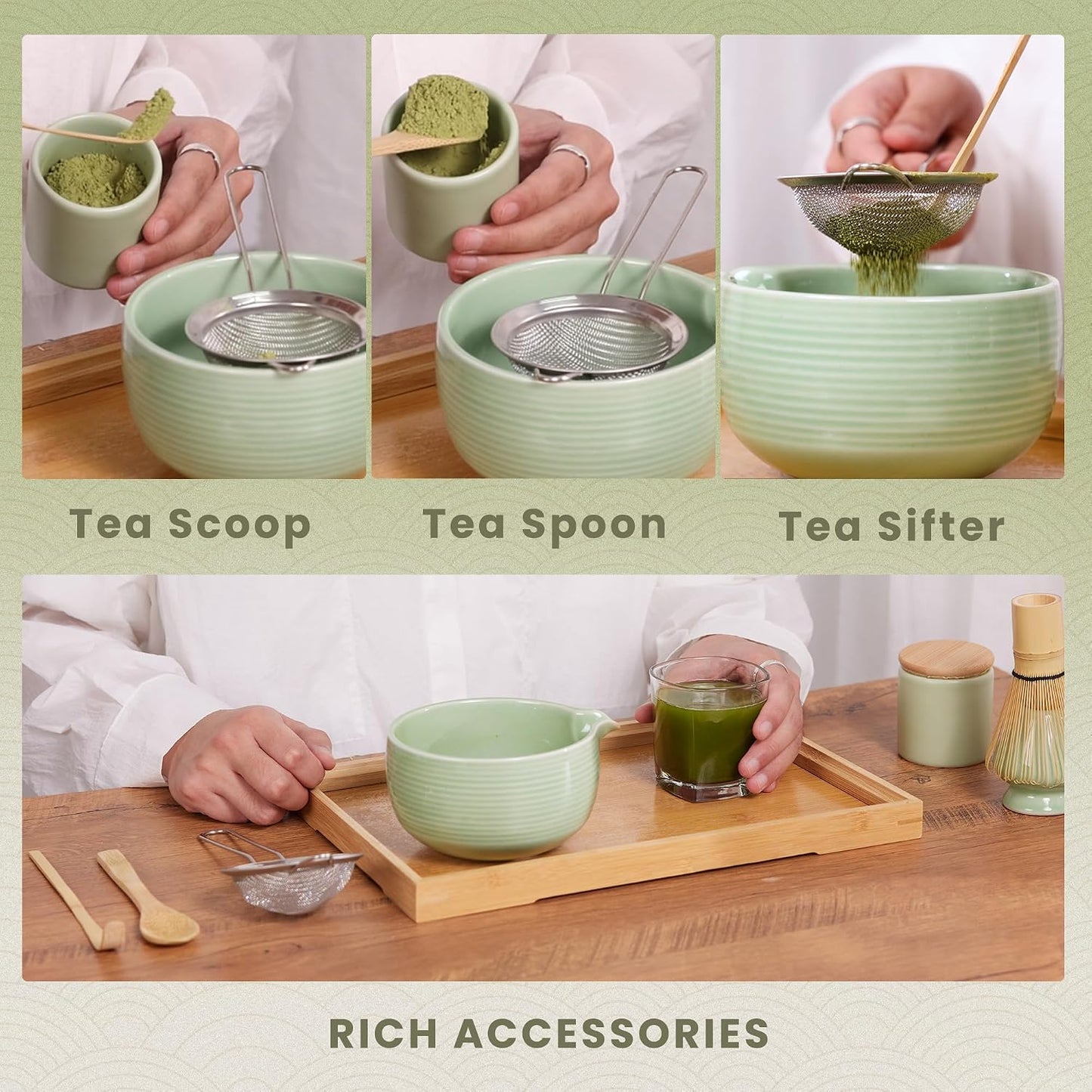 Matcha Whisk Set, Ceramic Matcha Set Includes Matcha Bowl, Matcha Whisk (Chasen) and Holder, Sifter, Bamboo Scoop & Spoon - 6 Pcs Matcha Kit for Matcha Lovers White