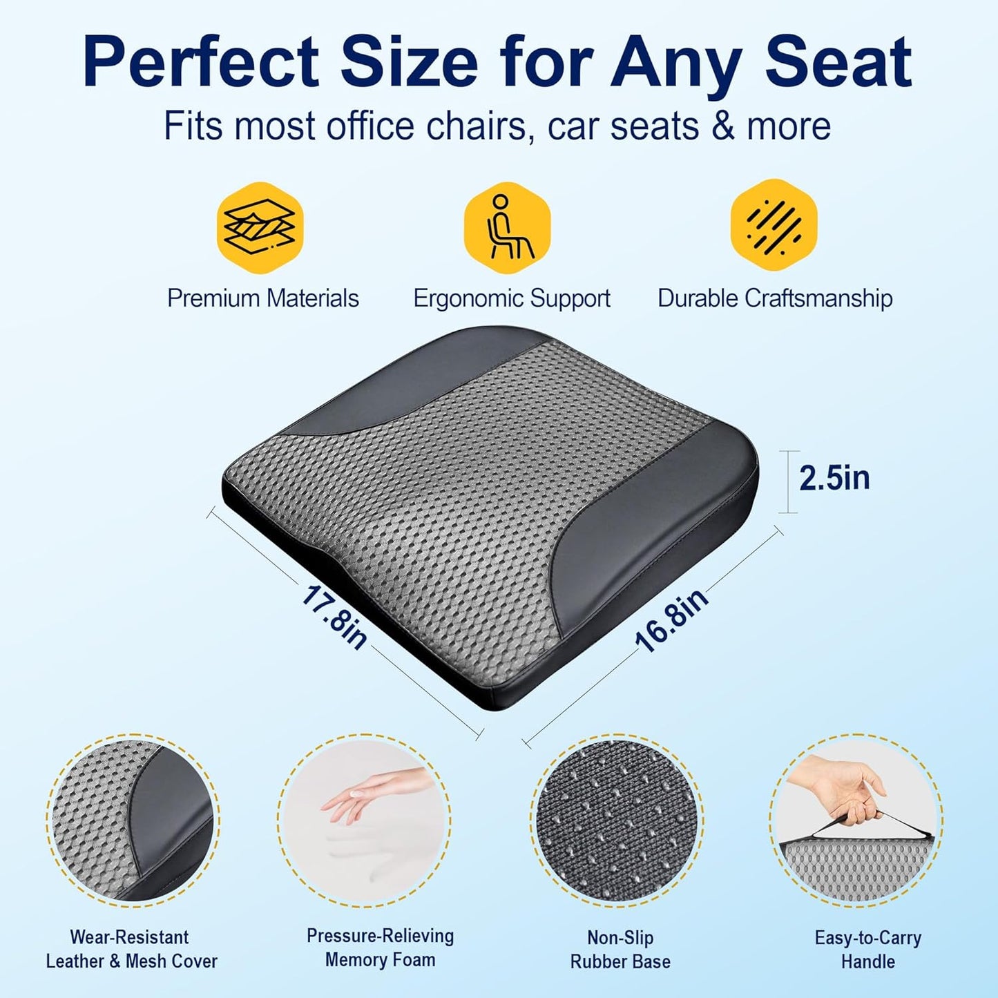 kingphenix Premium Car Seat Cushion, Memory Foam Driver Seat Cushion to Improve Driving View- Coccyx & Lower Back Pain Relief - Seat Cushion for Car, Truck, Office Chair (Leather Black)