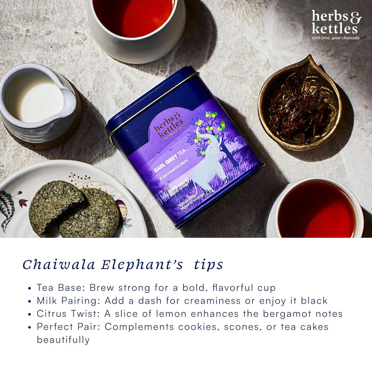 Herbs & Kettles Double Bergamot Earl Grey Tea ,1.06 oz | Whole Leaf Assam Black Tea Infused with Italian Bergamot Oil | Premium Loose Leaf Earl Grey with Smooth Citrus Aroma & Velvety Finish | Makes 12–14 Servings, 20-30 Cups | Gourmet Tea Gift