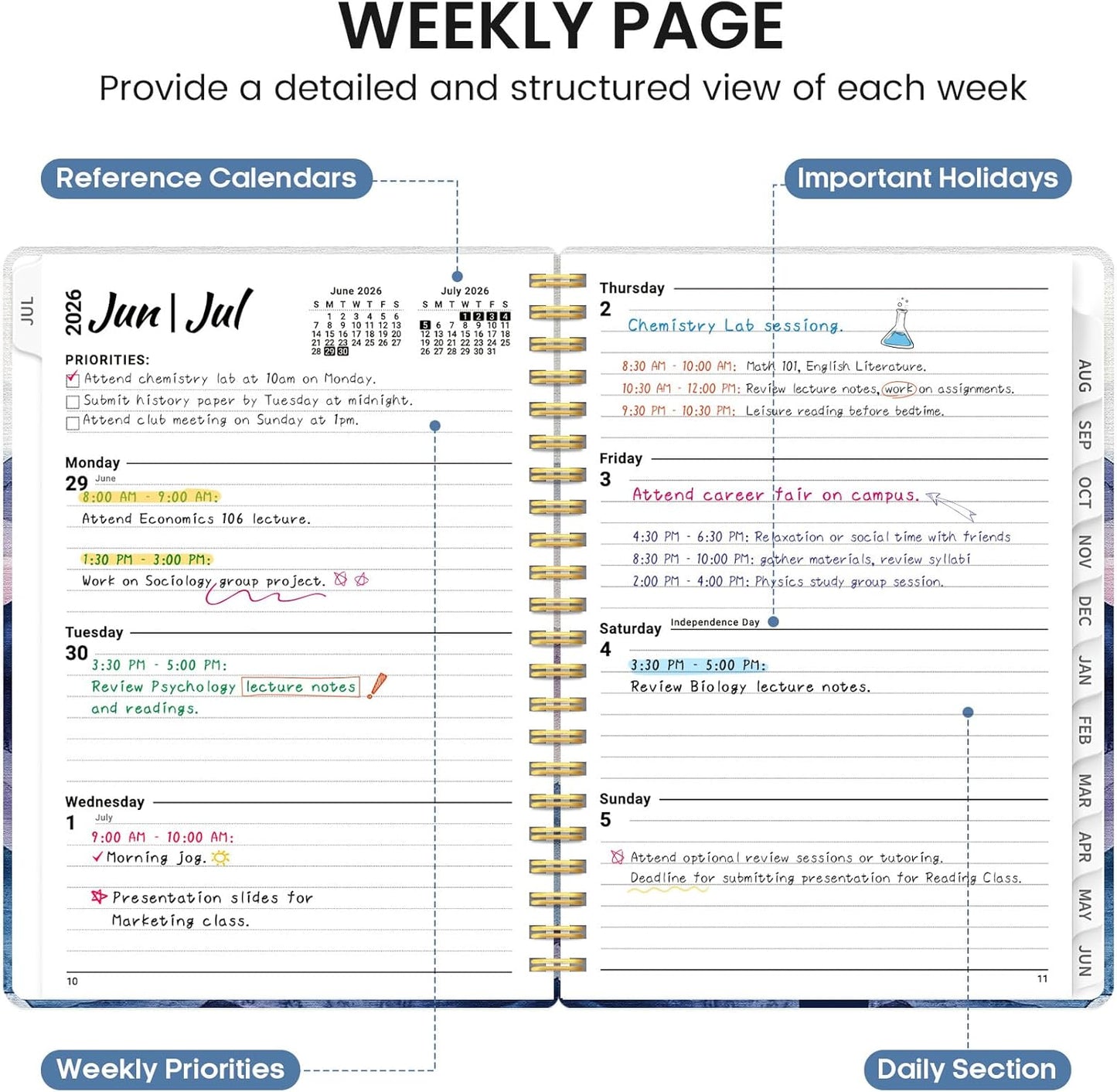 Planner 2026-2027, Academic Monthly and Weekly Calendar Planner for Women, July 2026 - June 2027, Hardcover Pretty Agenda Planner Book with Tabs, Spiral Daily Organizer for School Office Home Supplies, 6.3" x 8.5" - Blue Floral