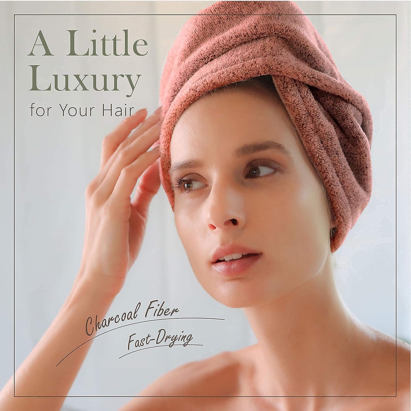 myHomeBody Hair Towel Wrap, Luxury Quick Drying Turban, Ultra Soft Absorbent Charcoal Fiber Cap, with Coconut Shell Button – Gray