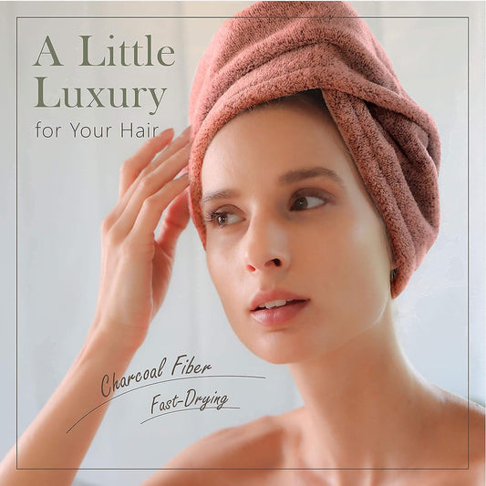 myHomeBody Hair Towel Wrap, Luxury Quick Drying Turban, Ultra Soft Absorbent Charcoal Fiber Cap, with Coconut Shell Button – Gray