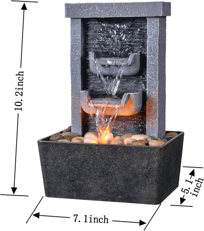 GOSSI Indoor Waterfall Fountain, 10.3" Tabletop Water Fountain with LED Lights & River Rocks, Relaxing Home Office Decor