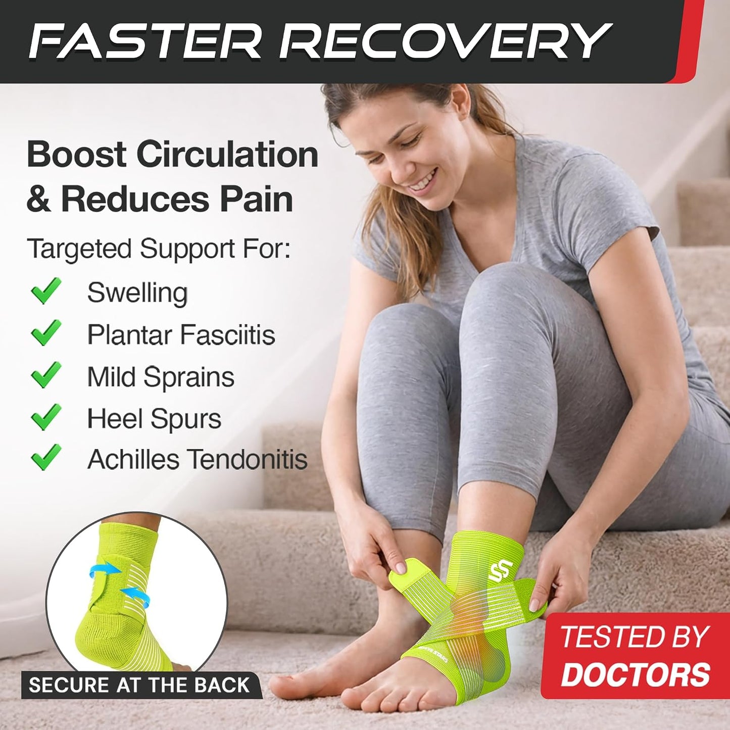 Sleeve Stars Ankle Brace for Women & Men, Ankle Wrap for Sprain, Compression Sleeve for Plantar Fasciitis Relief, Easy Customizable Support: w/ Removable Strap (Single/M:10"-12"/Black)