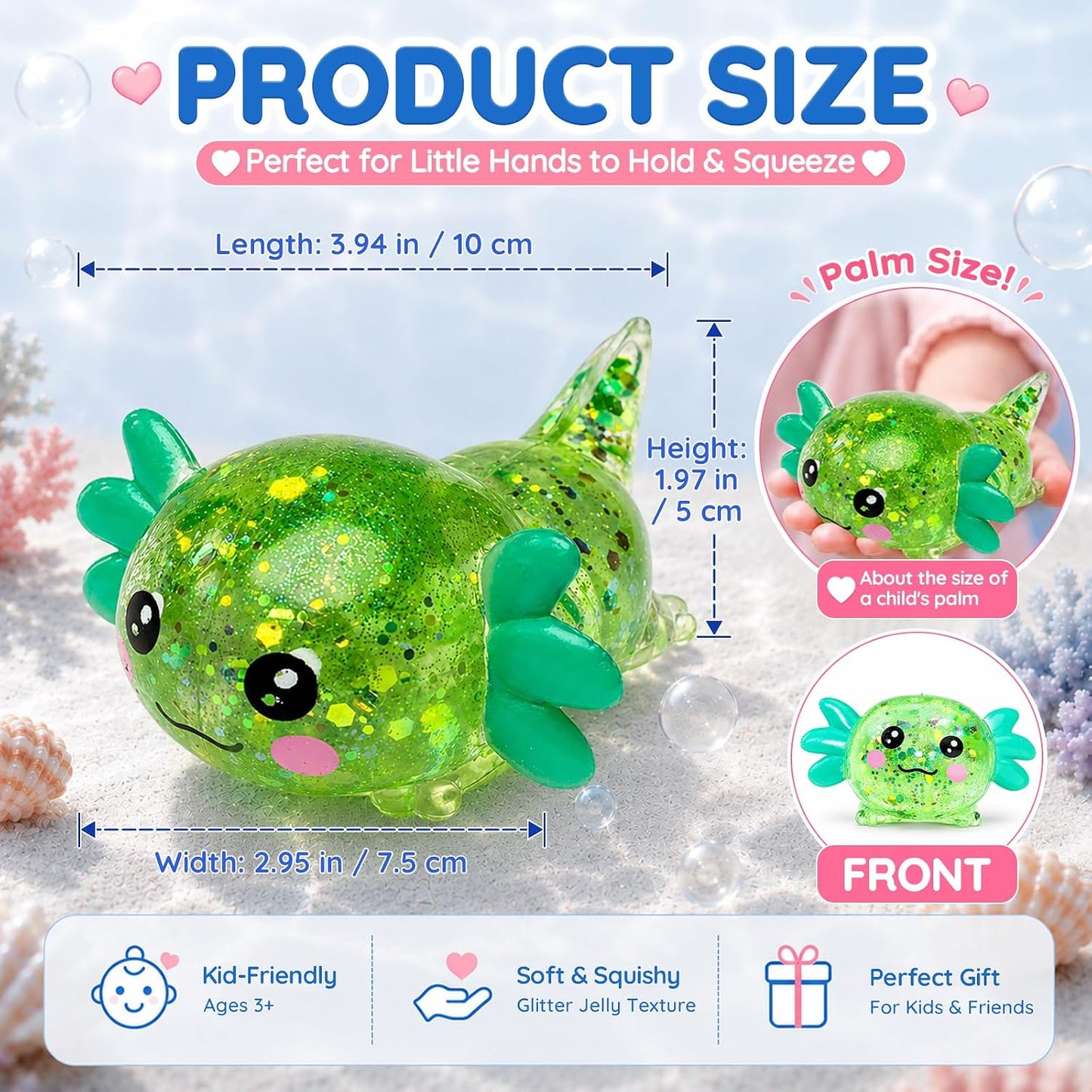 Axolotl Squishy Toy, Cute Glitter Stress Relief Fidget Toy, Soft Squeeze Sensory Toy for Kids Adults, Axolotl Squishy Stress Ball Anxiety Calming Desk Toy Party Favor Handheld Fidget (Yellow)