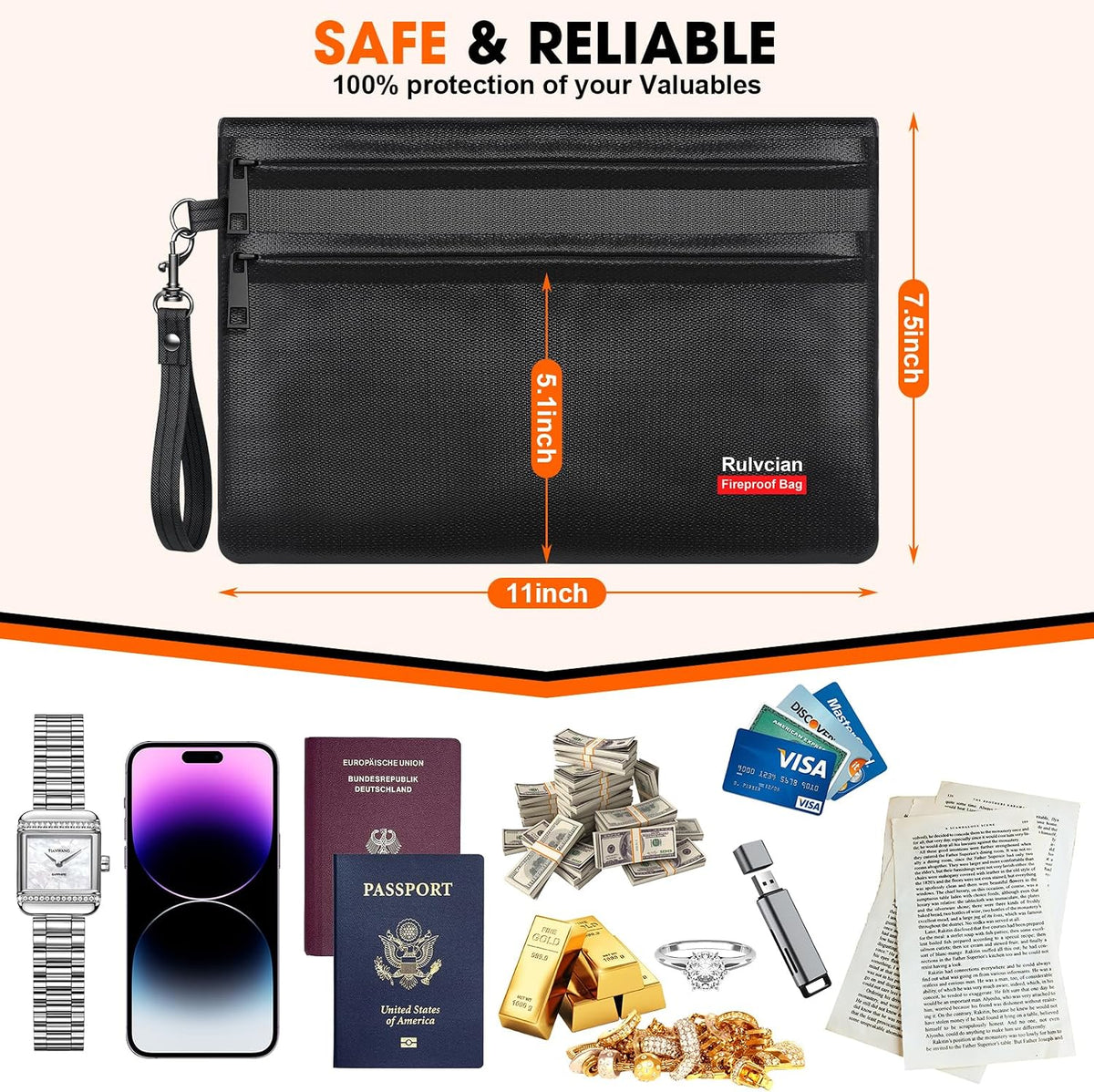6400℉ Fireproof Money Bags, 11x7.5 Inch, 2 Pack with Zipper