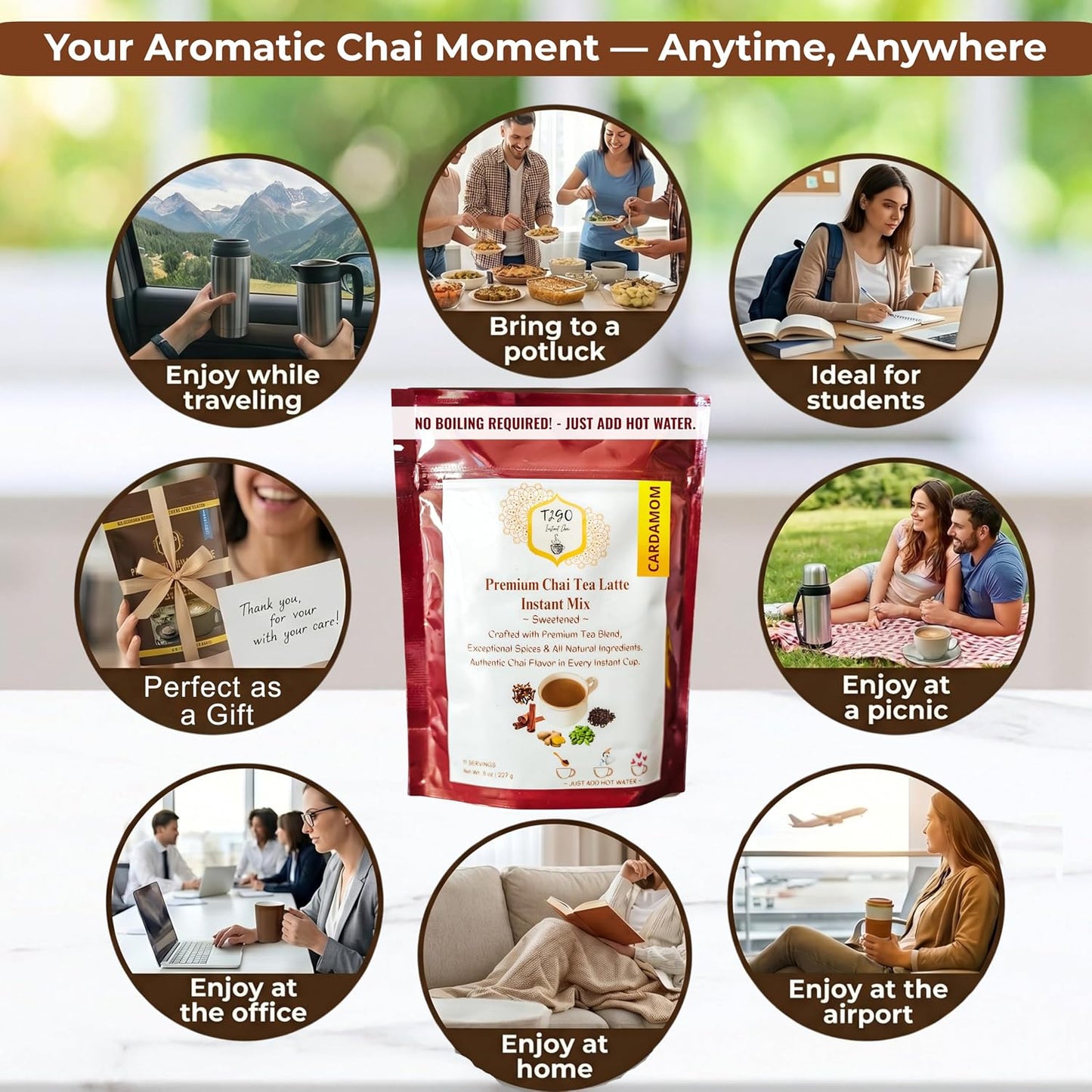 T2GO Authentic Karak Masala Chai Tea Mix – Just Add Water, 8 oz | Bold karak-style masala chai — real milk & spices in every scoop, no simmering