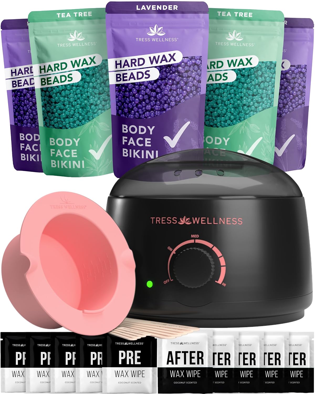 Tress Wellness Award Winning Waxing Kit for Sensitive Skin, Safe for Face & Skin, Easy to Use, At-Home Kit for Face, Bikini, Brazilian & Full Body - Digital Display, Black Purple Flower