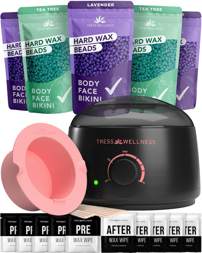 Tress Wellness Award Winning Waxing Kit for Sensitive Skin, Safe for Face & Skin, Easy to Use, At-Home Kit for Face, Bikini, Brazilian & Full Body - Digital Display, Black Purple Flower