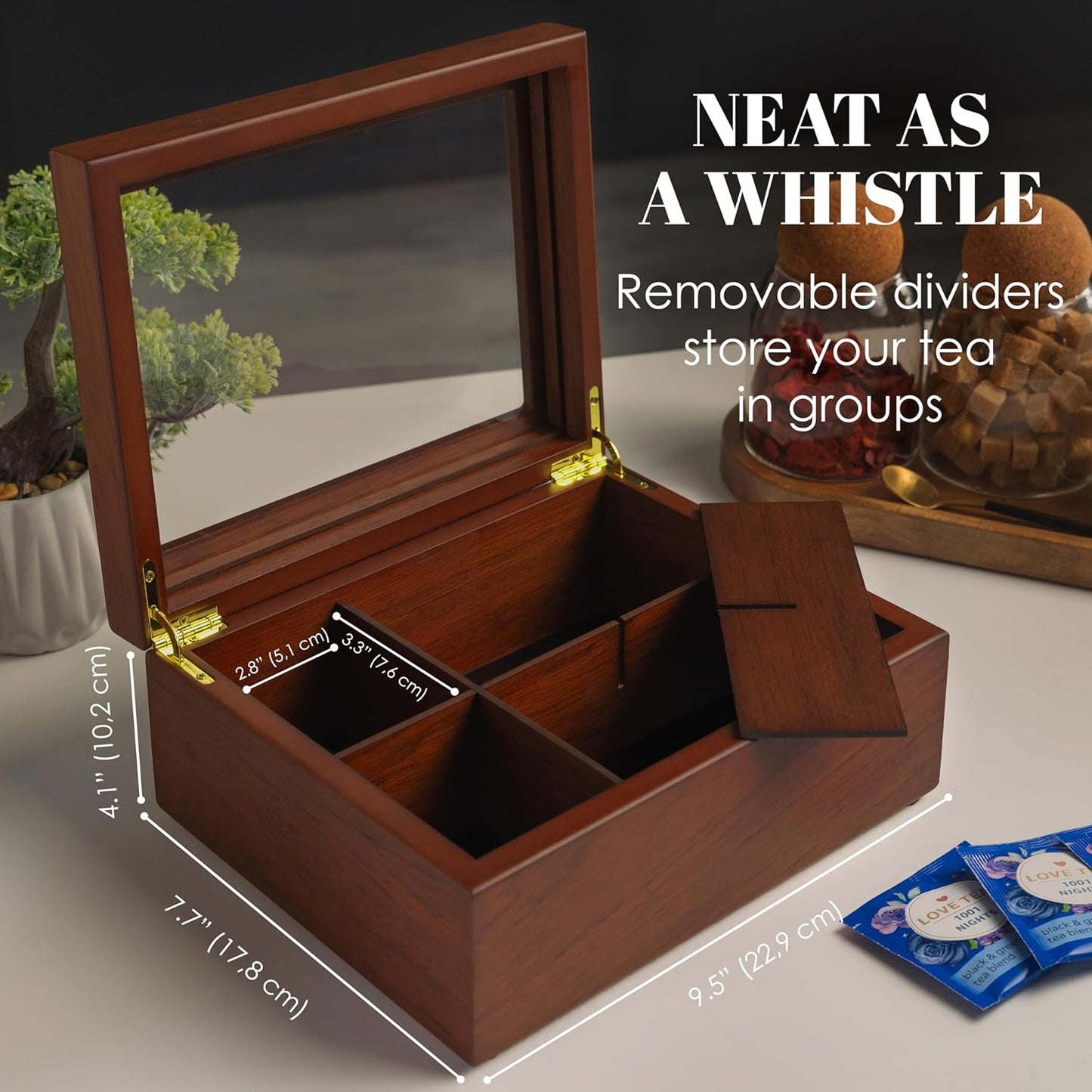 Tea Box - Luxury Wooden Tea Bag Organizer from The Apace Premier Collection - 8 Compartment Tea Storage Chest Container - Elegantly Handmade w/Scratch Resistant Window
