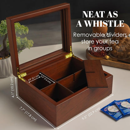 Tea Box - Luxury Wooden Tea Bag Organizer from The Apace Premier Collection - 8 Compartment Tea Storage Chest Container - Elegantly Handmade w/Scratch Resistant Window