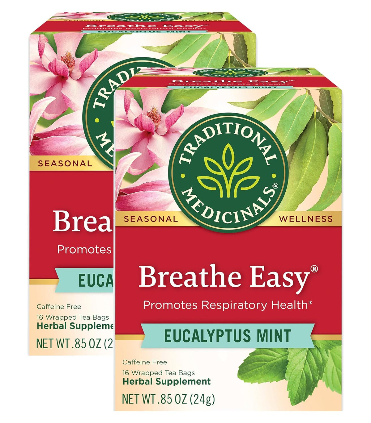 Traditional Medicinals Breathe Easy Eucalyptus Mint Herbal Tea, Promotes Respiratory Health, (Pack of 2) - 32 Tea Bags Total