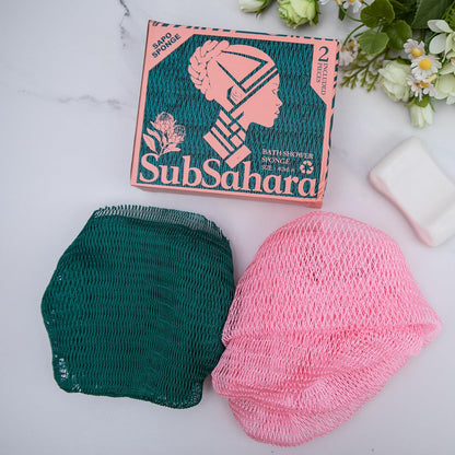 SubSahara Authentic African Net Sponge - 2 Pack Exfoliating Bath & Shower Loofah Sponge for Body & Face, Gentle Scrubber for All Skin Types, Travel, Durable Polyester (Olive Green & Light Green)