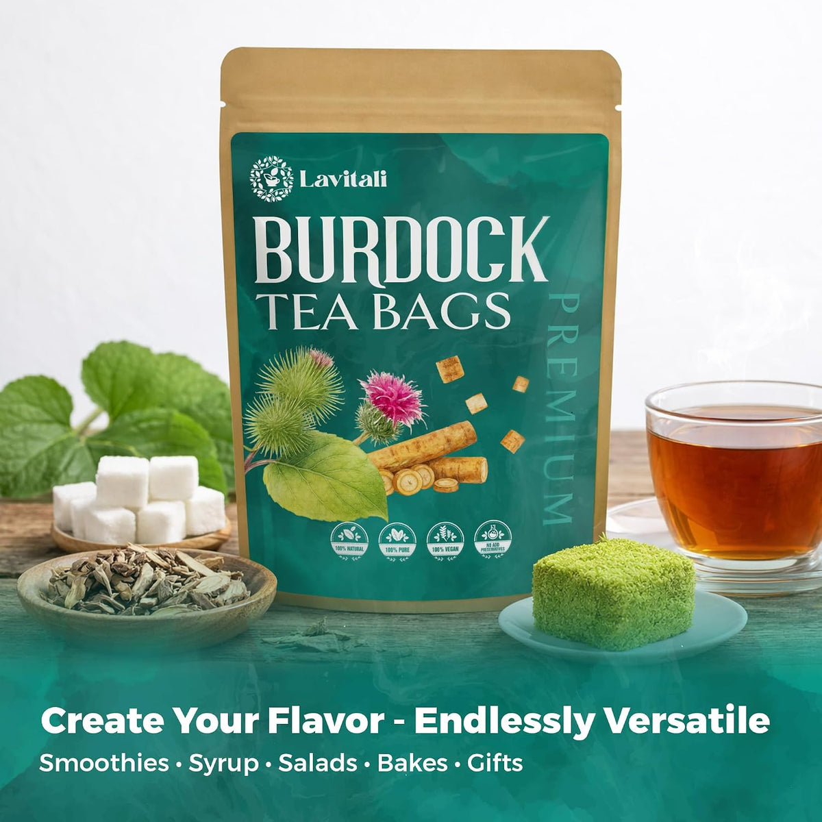 Lavitali, Burdock Root Tea Bags | 60 bags, 100% Pure Herbal Tea | Caffeine-Free, Antioxidant-Rich, Eco-Friendly Filter Bag | Daily Natural Botanical, Hot or Iced Herbal Infusion