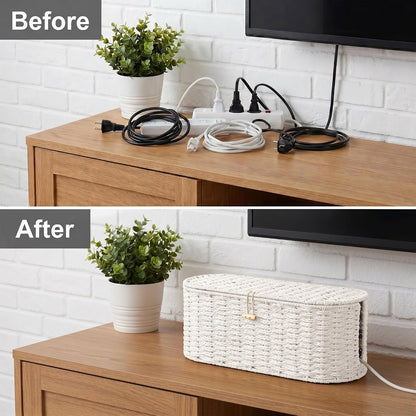 Set of 2 Cable Management Box, Handwoven Cord Hider Box with 3 Open Slots