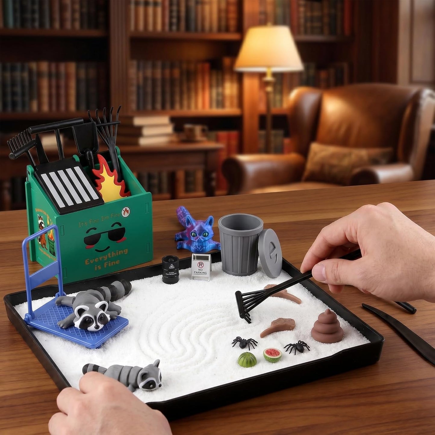 2026 New Dumpster Fire Zen Garden Desktop Kit with Raccoon Figurines - Funny Office Desk Accessory for Stress Relief, White Elephant Gifts, Coworker Gifts - Mini Sand Tray Therapy