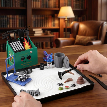 2026 New Dumpster Fire Zen Garden Desktop Kit with Raccoon Figurines - Funny Office Desk Accessory for Stress Relief, White Elephant Gifts, Coworker Gifts - Mini Sand Tray Therapy