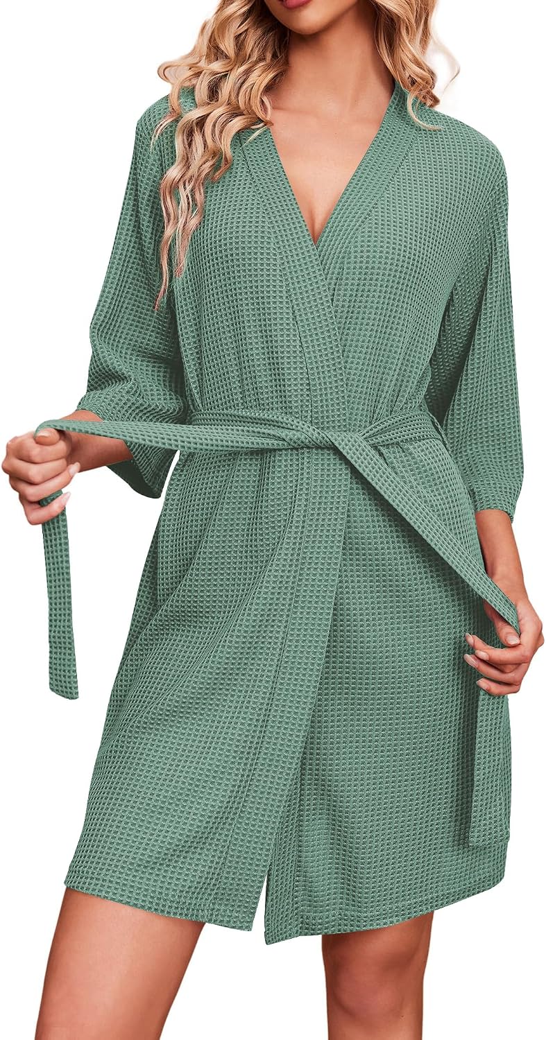 Ekouaer Robes for Women Waffle Knit Bathrobe Soft Lightweight Knee Length Loungewear S-XXL