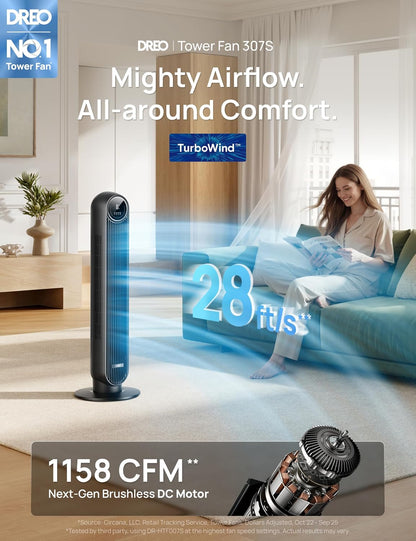 DREO Tower Fan for Bedroom, 2026 Upgraded DC Motor, 28ft/s Smart Standing Fans, 90° Oscillating Floor Fan with 20dB Ultra Quiet, 8 Speeds 4 Modes, 8H Timer, Bladeless, Remote, WiFi Voice Control