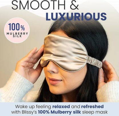 Blissy Silk Sleep Mask - Eye Sleeping Mask for Women & Men for Total Blackout - 100% Pure Mulberry Silk, 22 Momme 6a Fibers - Blindfold Sleep Mask Side Sleeper Eye Cover (Non Adjustable)