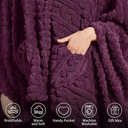 Wearable Blanket Poncho Cape Wrap for Adult, Cozy Sherpa Fleece Pocketed Shawl TV Throw Blankets for Office and Lounge(Purple,58'' x 64'')