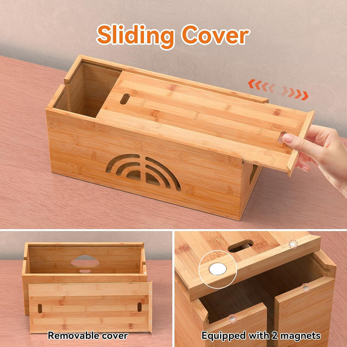 Pezin & Hulin Bamboo Cable Management Box, Power Strip Organizer, Medium