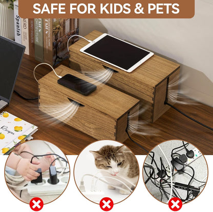 KIRIGEN Wooden Cable Management Box Set of 2, Cord Organizer, Natural