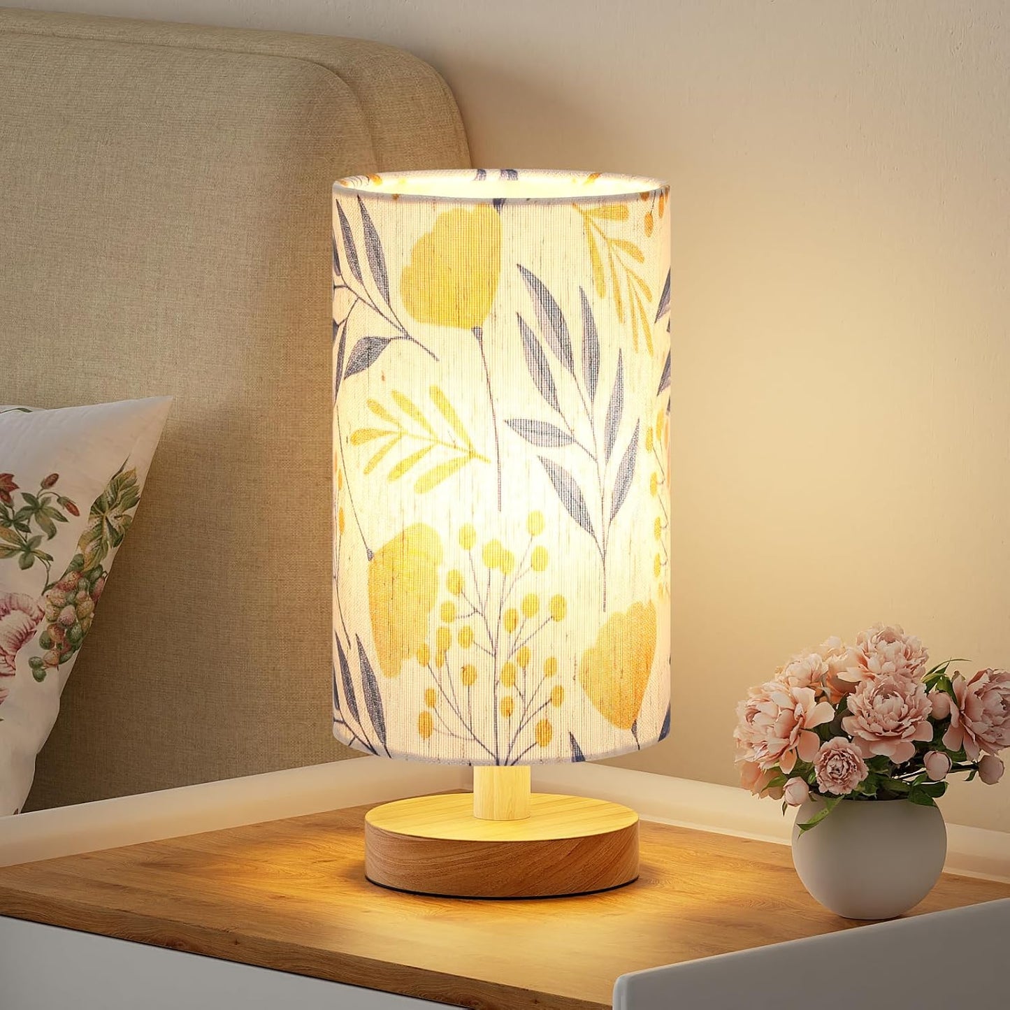 Fenmzee Small Table Lamp for Bedroom - Inline Control, Bedside Lamp with 3000K A15 LED Blub, Easy Assembly (Cream Shade - Wood Base, 9" Inline Control)