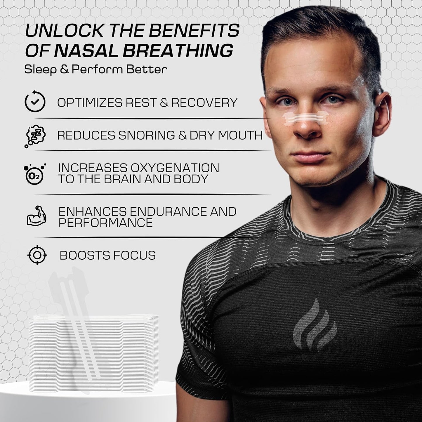 Performance Nose Strips for Breathing (60 Count) - Oil & Sweat Proof Adhesive - Athletic Nasal Strips for Snoring & Sleeping - Black, Wide, Universal Fit, Extra Strength Snoring Solution for Sleep