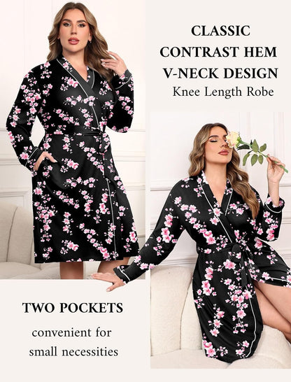 Ekouaer Plus Size Robes for Women Soft Bathrobe V Neck Soft Maternity Robe