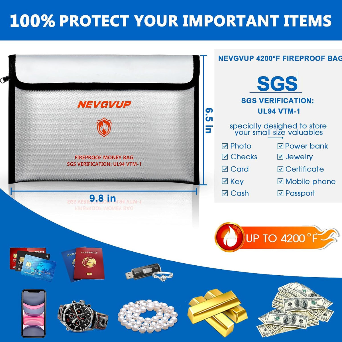 Upgraded 6200°F Fireproof Document Bag with Lock, Fire proof Money Bag for Cash with Zipper/Reflective Strip, 9 Layer of Heat Insulated Material, Water Resistant Fireproof Bags for Documents,Safe Bags