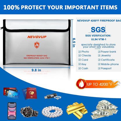 Upgraded 6200°F Fireproof Document Bag with Lock, Fire proof Money Bag for Cash with Zipper/Reflective Strip, 9 Layer of Heat Insulated Material, Water Resistant Fireproof Bags for Documents,Safe Bags
