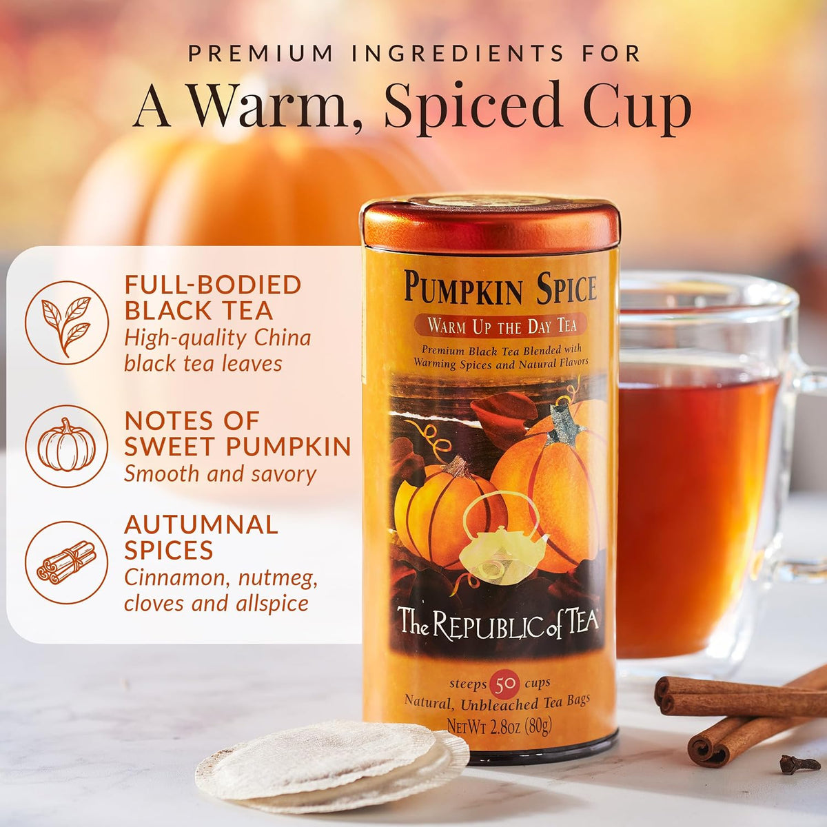 The Republic of Tea Pumpkin Spice Black Tea, Caffeinated, 50 Count