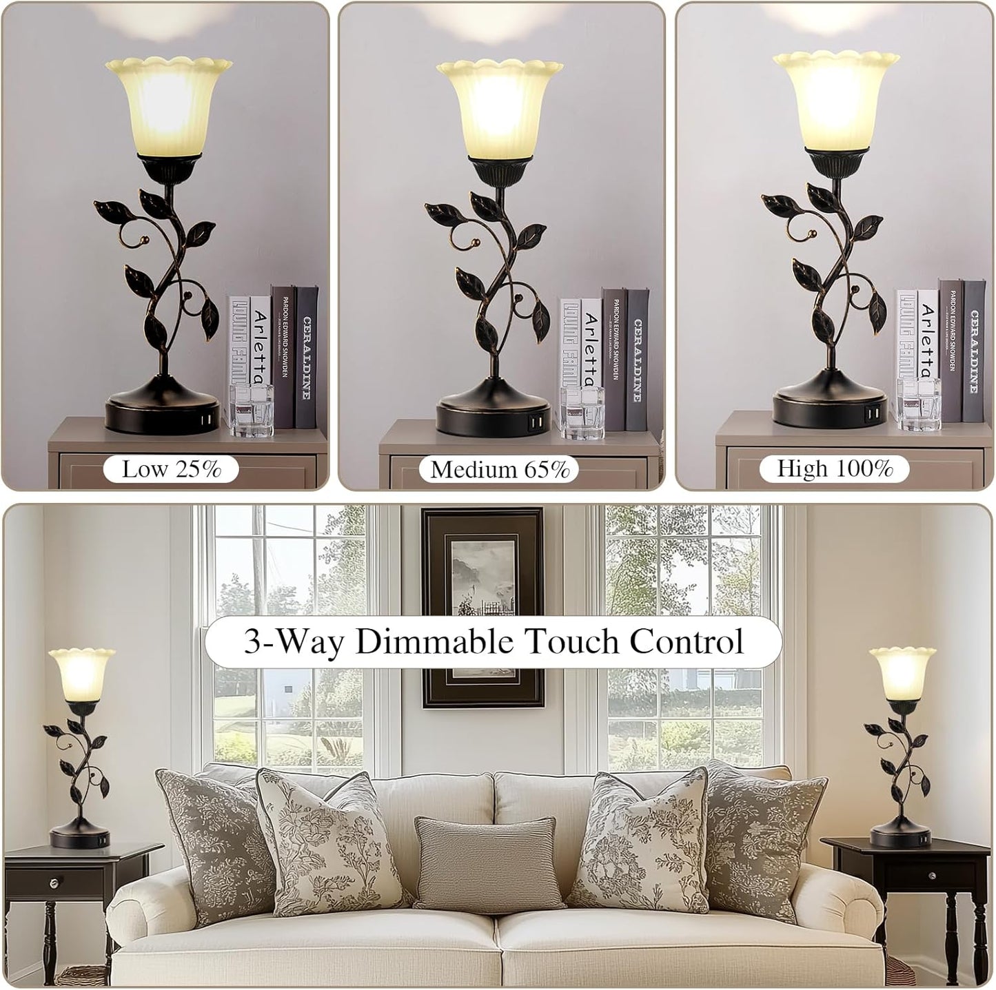Touch Control Table Lamp with 2 USB Charging Ports, 3-Way Dimmable Bedside Nightstand Lamps, Amber Glass Shade Vintage Rural Leaf Lamp for Living Room, Bedroom, Dresser, LED Bulb Included (Bronze)
