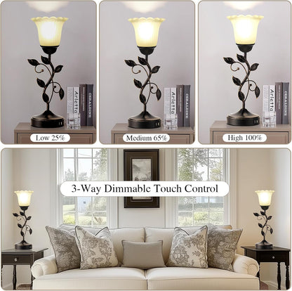 Touch Control Table Lamp with 2 USB Charging Ports, 3-Way Dimmable Bedside Nightstand Lamps, Amber Glass Shade Vintage Rural Leaf Lamp for Living Room, Bedroom, Dresser, LED Bulb Included (Bronze)