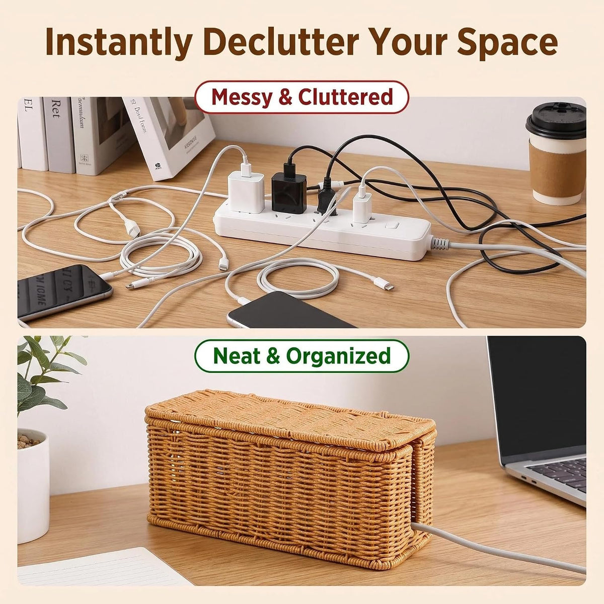 Cable Management Box Handwoven Faux Rattan Cord Basket with Lid (Scallop)