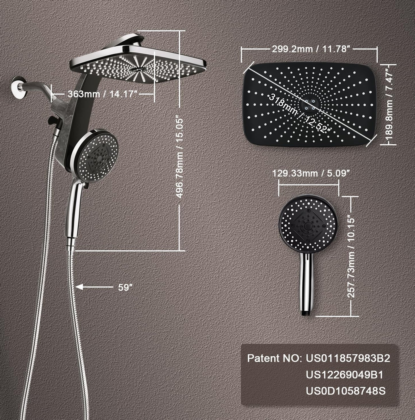 Rain Shower Head with Handheld Showerhead, Black 1.75GPM 460311