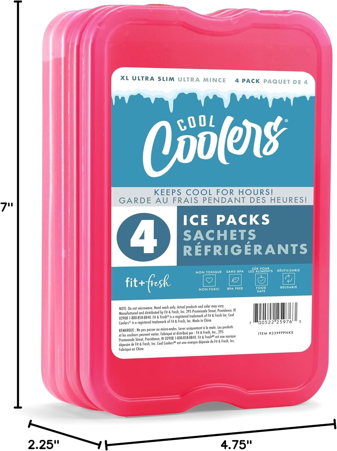 Cool Coolers by Fit & Fresh 4 Pack XL Slim Ice Packs, Quick Freeze Space Saving Reusable Ice Packs for Lunch Boxes or Coolers
