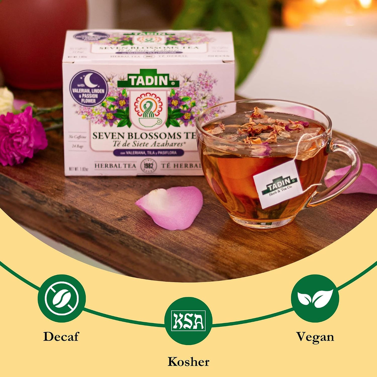Tadin Seven Blossoms Tea, Herbal Tea, Caffeine Free, 24 Tea Bags Per Box, Pack of 1