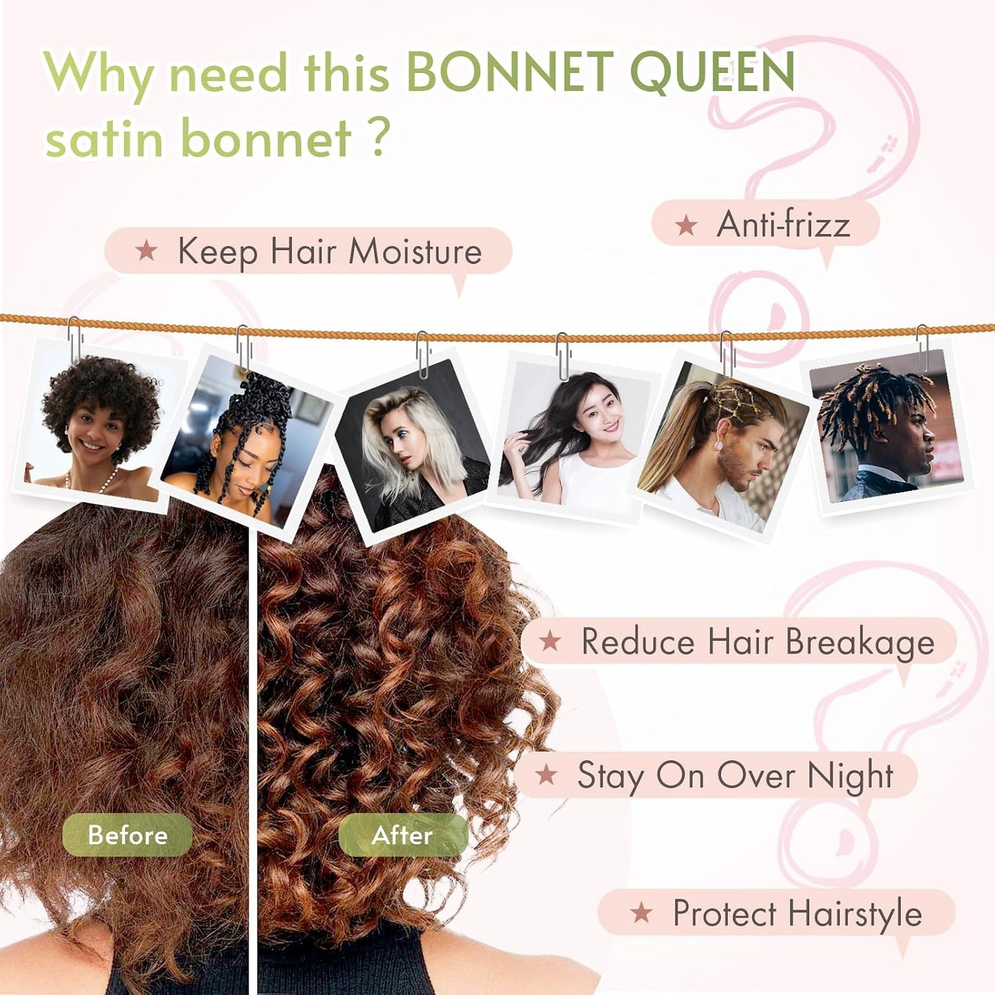 BONNET QUEEN Silk Bonnet for Sleeping for Women Satin Bonnet Night Cap for Curly Hair with Tie Band, Single Layer, Cream Pink