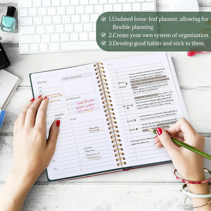 Thboxes Undated Daily Planner with Hourly Schedule, 5.71" X 8.35" Daily To DO List Noteboook Set Goals A5 Daily Personal Organizer Notepad for School Work Office Improve Efficiency Planner, Green