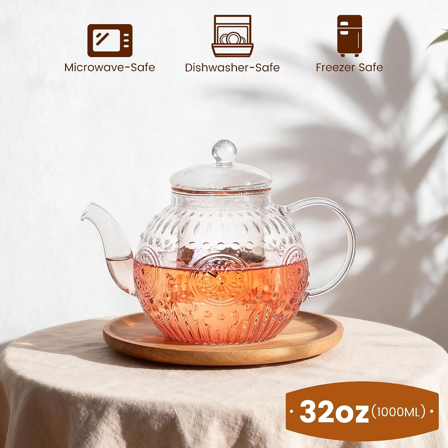 Bandesun Vintage Glass Teapot, Tea Kettle with Removable Infuser 32OZ/1000ml, Borosilicate Glass Pot -Stovetop Safe, Blooming & Loose Leaf Tea Maker Set