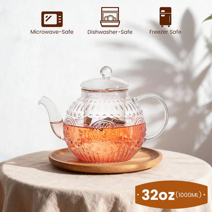 Bandesun Vintage Glass Teapot, Tea Kettle with Removable Infuser 32OZ/1000ml, Borosilicate Glass Pot -Stovetop Safe, Blooming & Loose Leaf Tea Maker Set