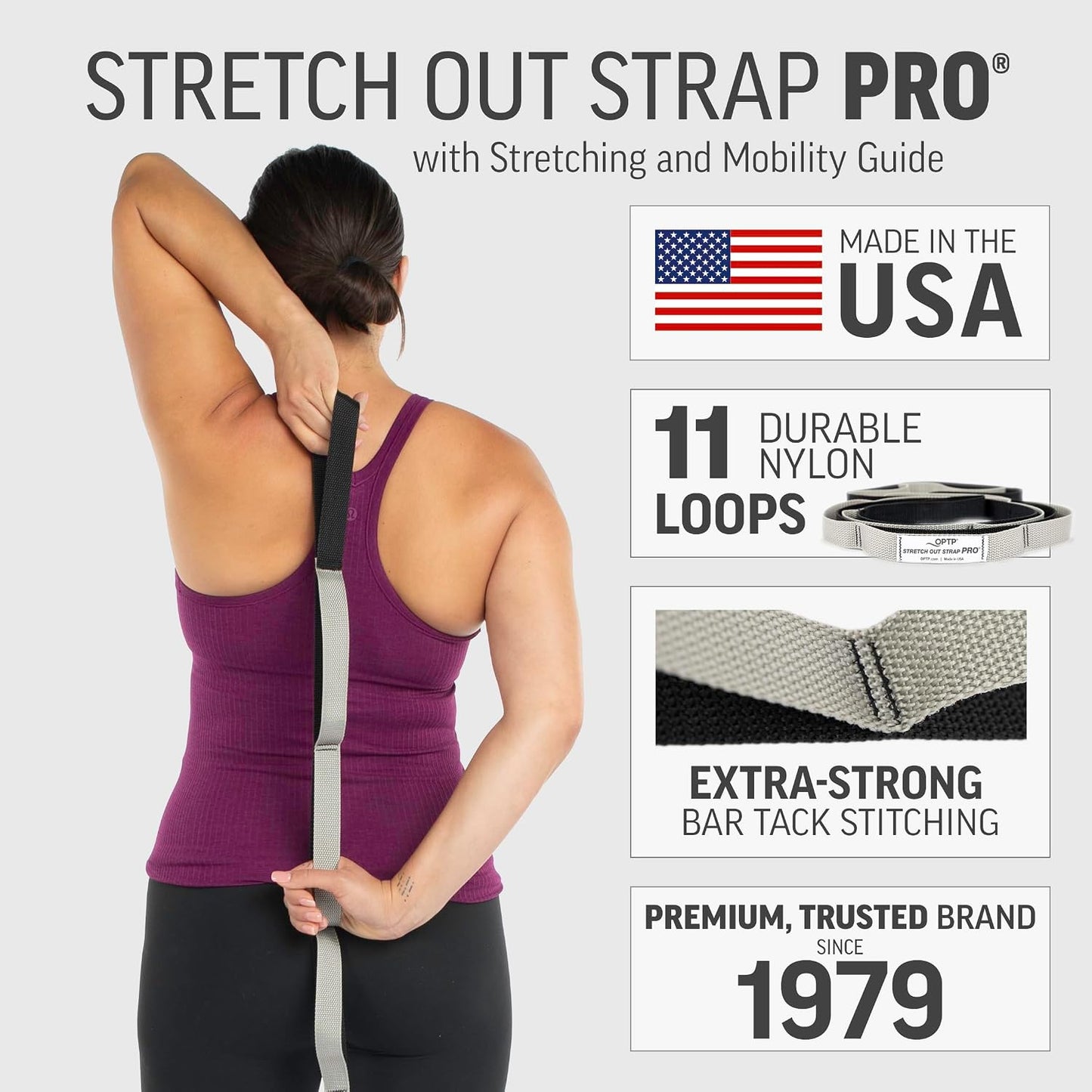 OPTP Stretch Out Strap Pro with Exercise Book, 11 Loops USA-Made Yoga Strap